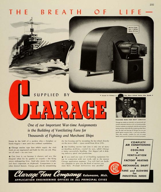 original c. 1920's heavy gauge stamped brass surface mount clarage fan company blower unit manufacturer's and/or specifications plaque