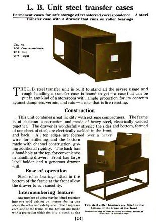 extremely rigid and all-welded joint late 1920's four stackable "l.b." cold-rolled steel filing cabinet units with brushed metal finish