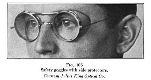 hard to find early 20th century american industrial yellow brass "saniglass" factory machinist king's safely glass or glasses with intact beveled edge thick glass lenses