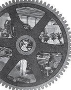 repurposed vintage american industrial tabletop display stand featuring three refinished spoked machine shop pulleys