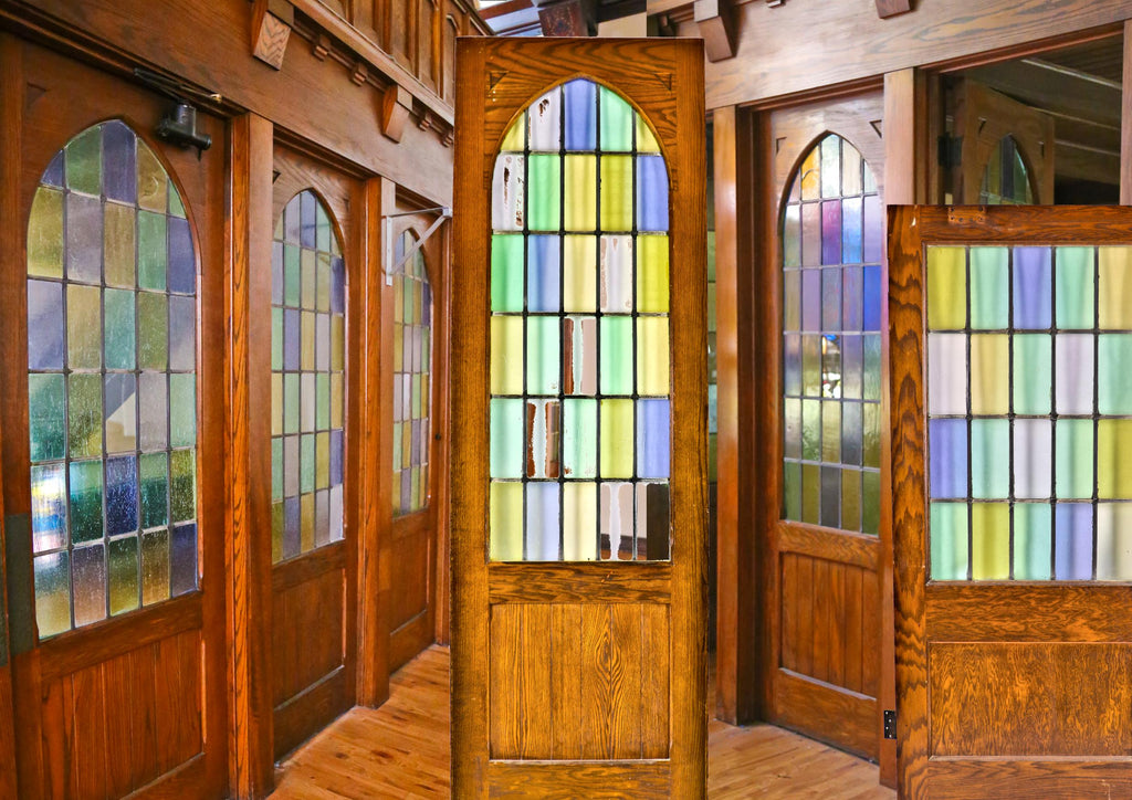 original hand-crafted c. 1929 salvaged chicago park view lutheran church interior solid wood shield with cross accentuated with stenciled gold paint