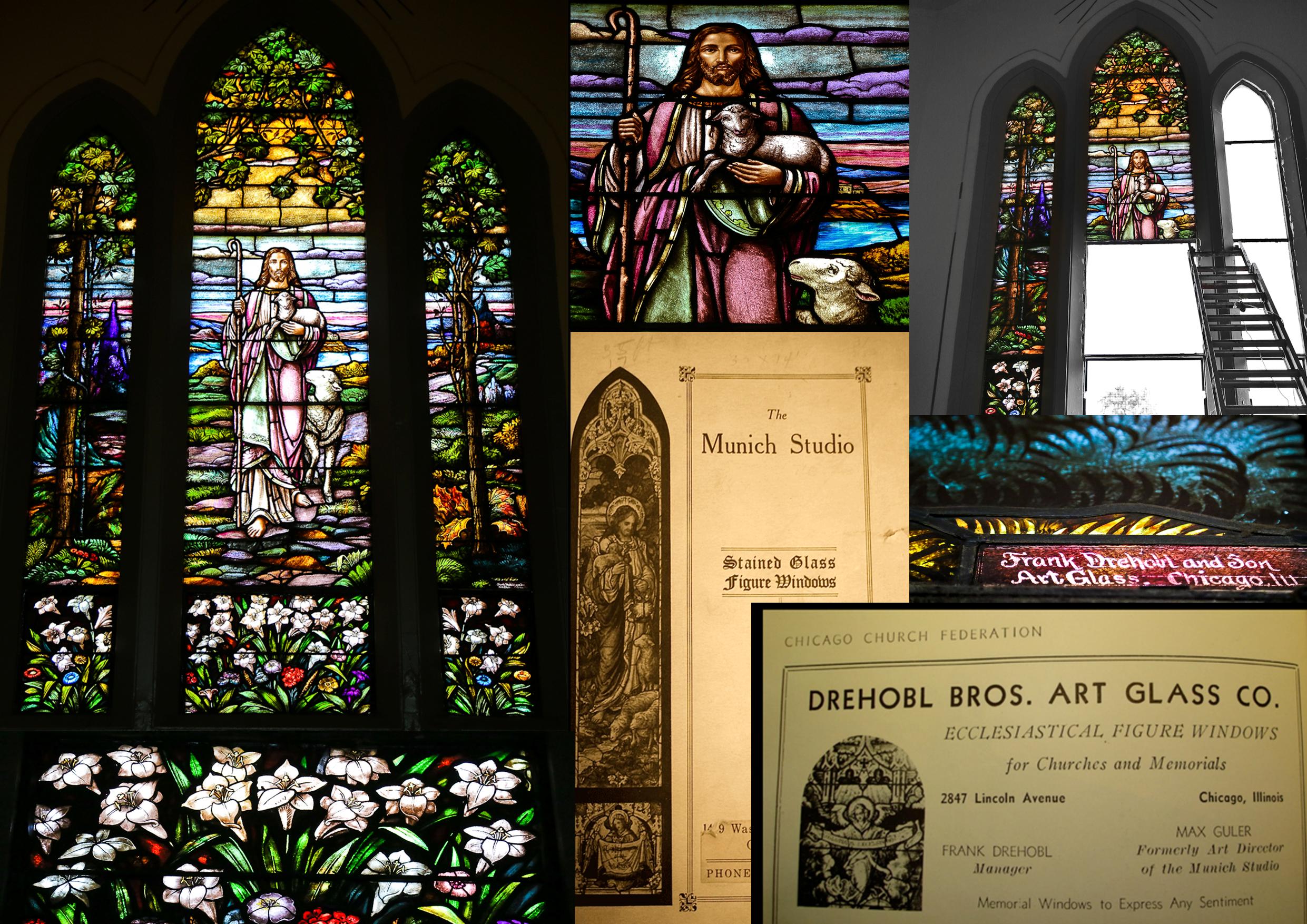 museum quality c. 1929 signed salvaged chicago lutheran church interior multi-paneled "munich style" narrative triptych window