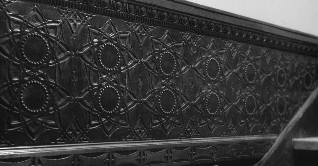 nice-sized original late 19th century chicago stock exchange building interior copper-plated ornamental cast iron staircase stringer