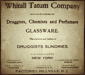 two matching vintage american industrial diminutive embossed cleat glass research laboratory reagent bottles with intact penny-shaped removable ground glass stoppers