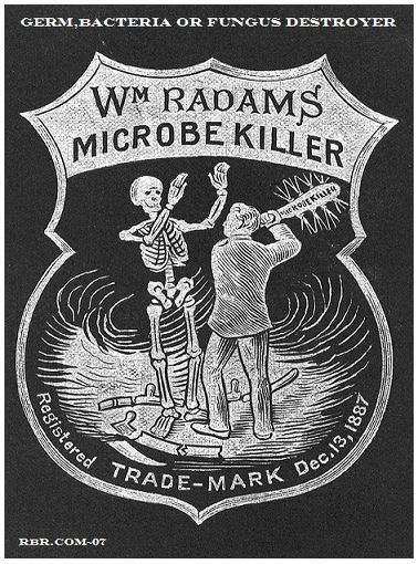 rare late 19th century antique american medical dark amber or brown glass "radam's microbe killer" embossed medicinal bottle with tooled plain lip