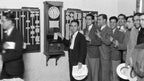 rare documented c. 1919 original and fully functional massillion "alumite" factory complex wall-mount oak wood autograph time recorder