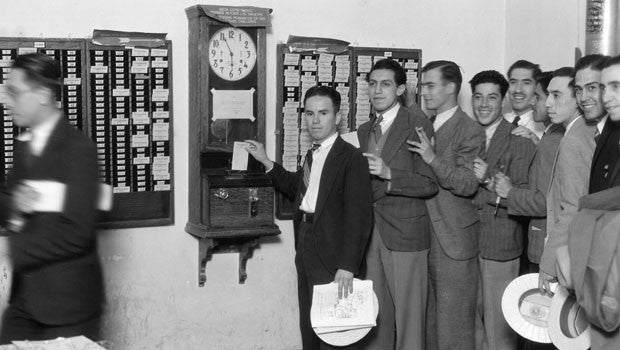 rare documented c. 1919 original and fully functional massillion "alumite" factory complex wall-mount oak wood autograph time recorder