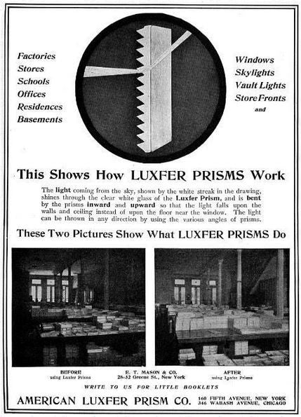original early 20th century american exterior building facade transom sun-purple-tinted luxfer prism sawtooth glass patent tile