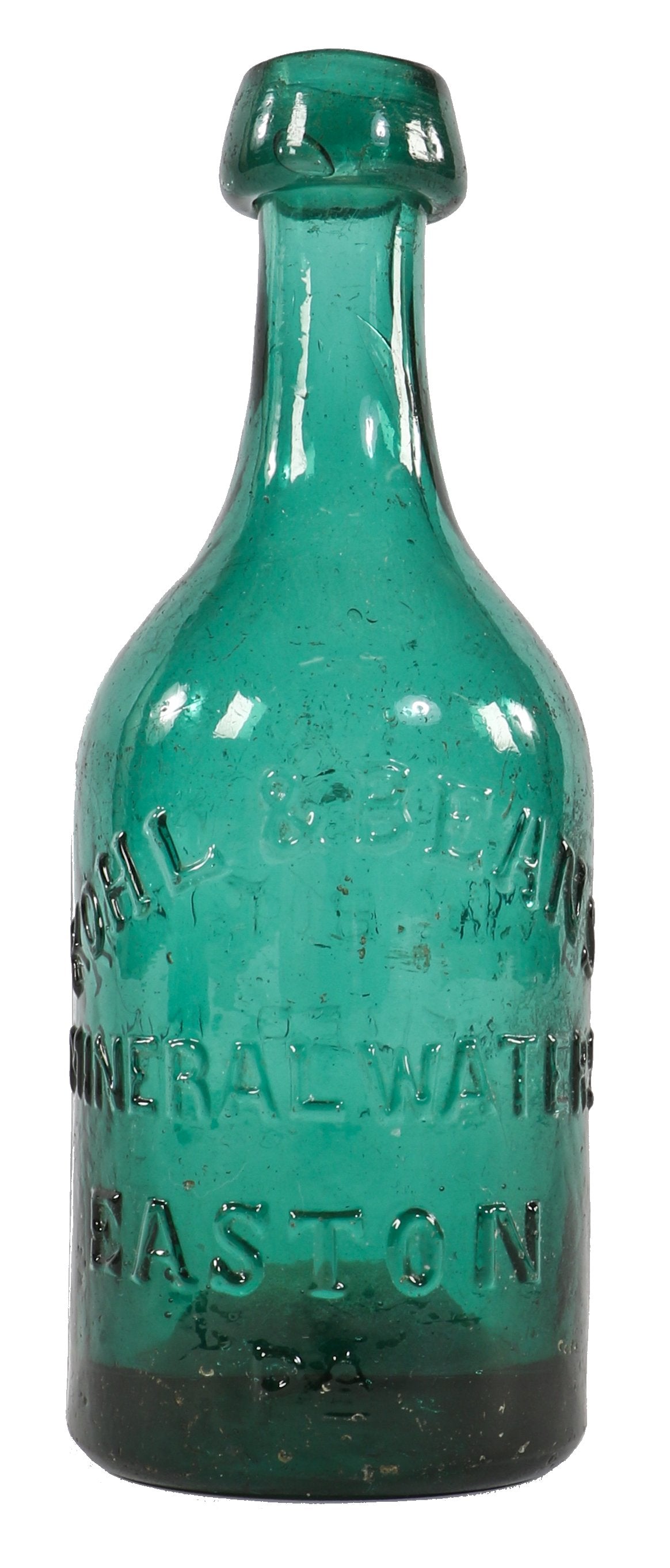 early to mid-1850's privy dug emerald green iron pontiled squat body soda bottle with high shoulders and a tapering neck with applied blob top.