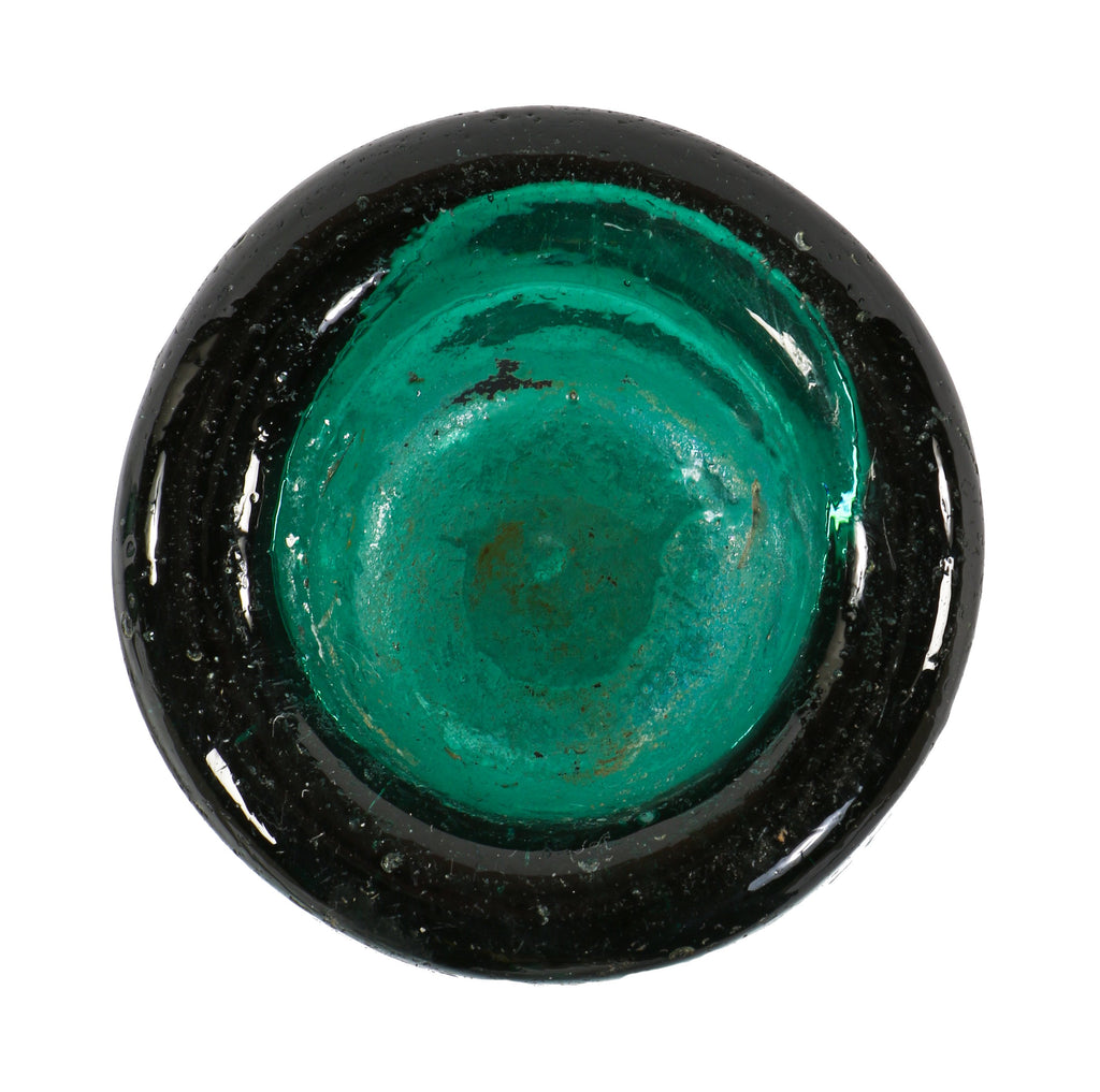 early to mid-1850's privy dug emerald green iron pontiled squat body soda bottle with high shoulders and a tapering neck with applied blob top.
