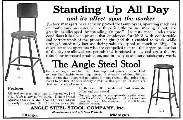 all original c. 1920's american industrial four-legged riveted and welded joint heavy gauge angled steel factory stool with maple wood seat