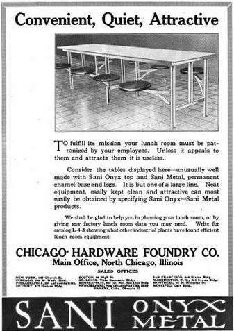highly sought after early 1920's american antique industrial "sani" 8-seat swing-out stool factory "no 314" sectional lunchroom table