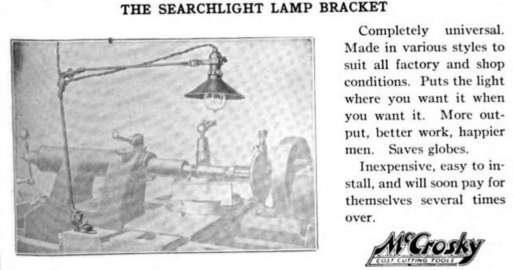all original and hard to find c. 1912-17 american industrial "searchlight" mccrosky triple-jointed machinist task lamp with tilting reflector