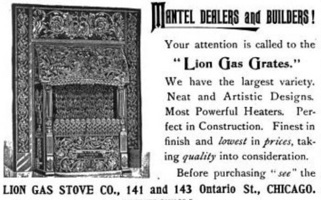 one of two matching 19th century original salvaged chicago residential fireplace "lion gas grate" with gold enameled finish
