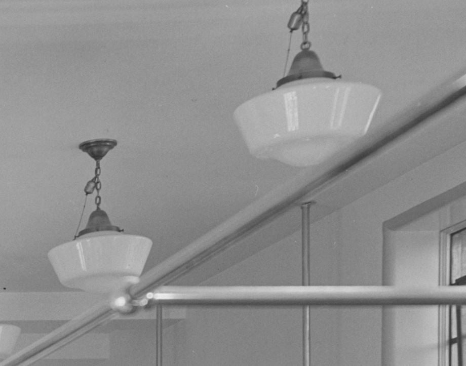 original antique american depression era intact single electric flush mount pendant light fixture with white opalescent glass schoolhouse style shade