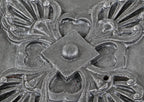 original and remarkably intact single 19th century square-shaped ornamental salvaged chicago antique cast iron building facade mullion endcap with a deep relief palmette design relief
