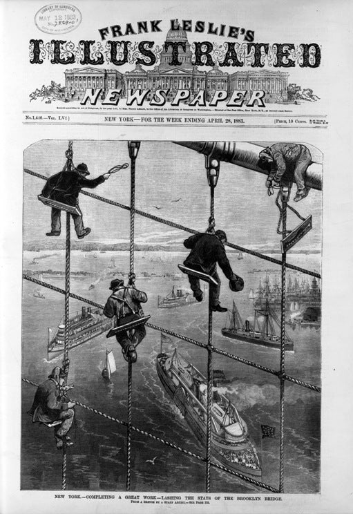 1870's antique american stereoview card depicting the construction of new york city's brooklyn bridge originally known as the east river bridge