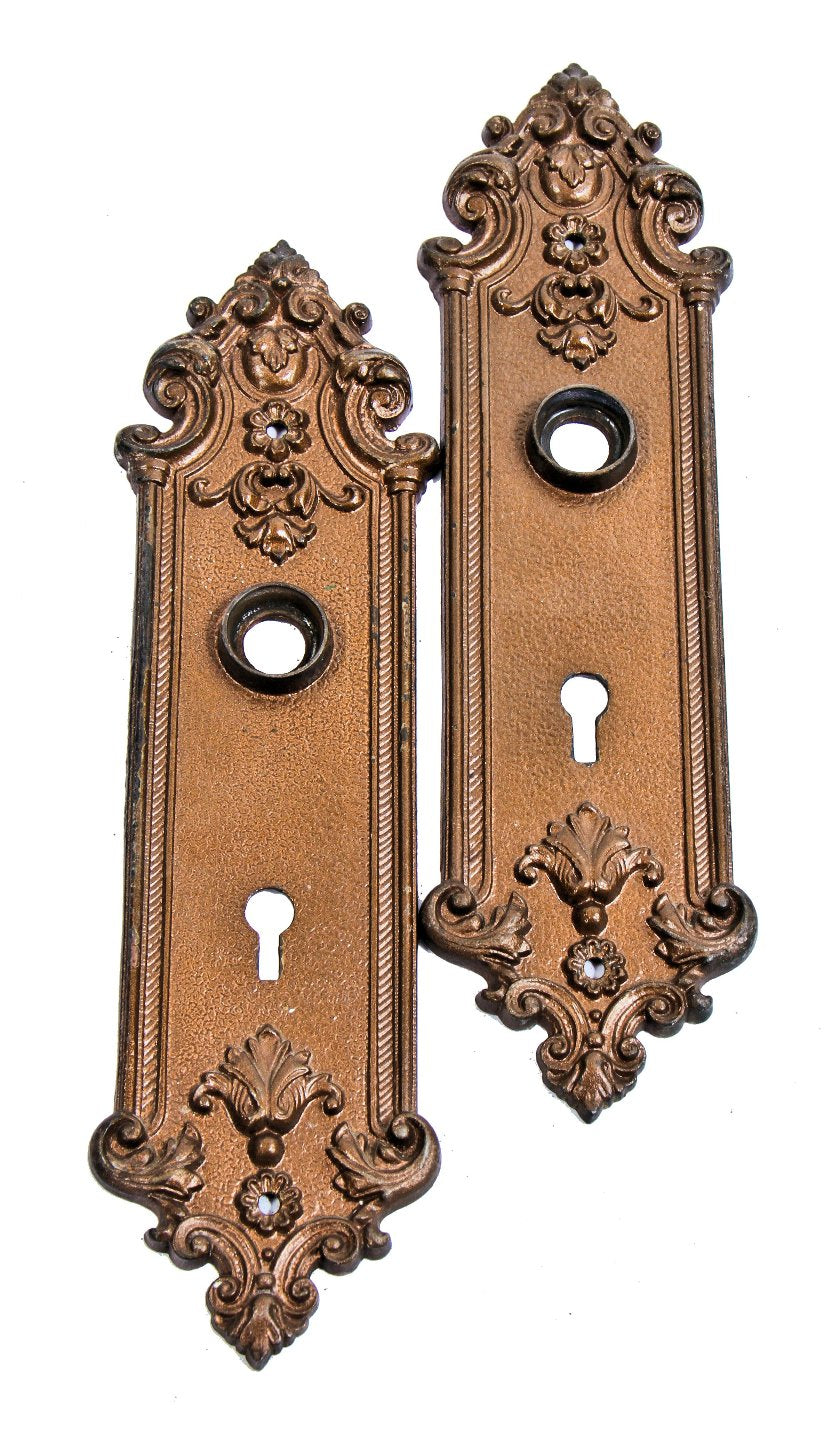 original and intact late 19th century copper-plated cast iron "pasco" pattern ornamented doorknob backplates salvaged from a chicago two-flat residence
