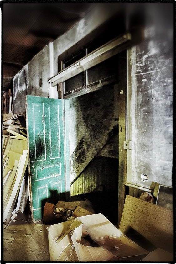matching set of early all original and unrestored pre-fire chicago green painted raised panel pine commercial building second floor wood swing-out doors