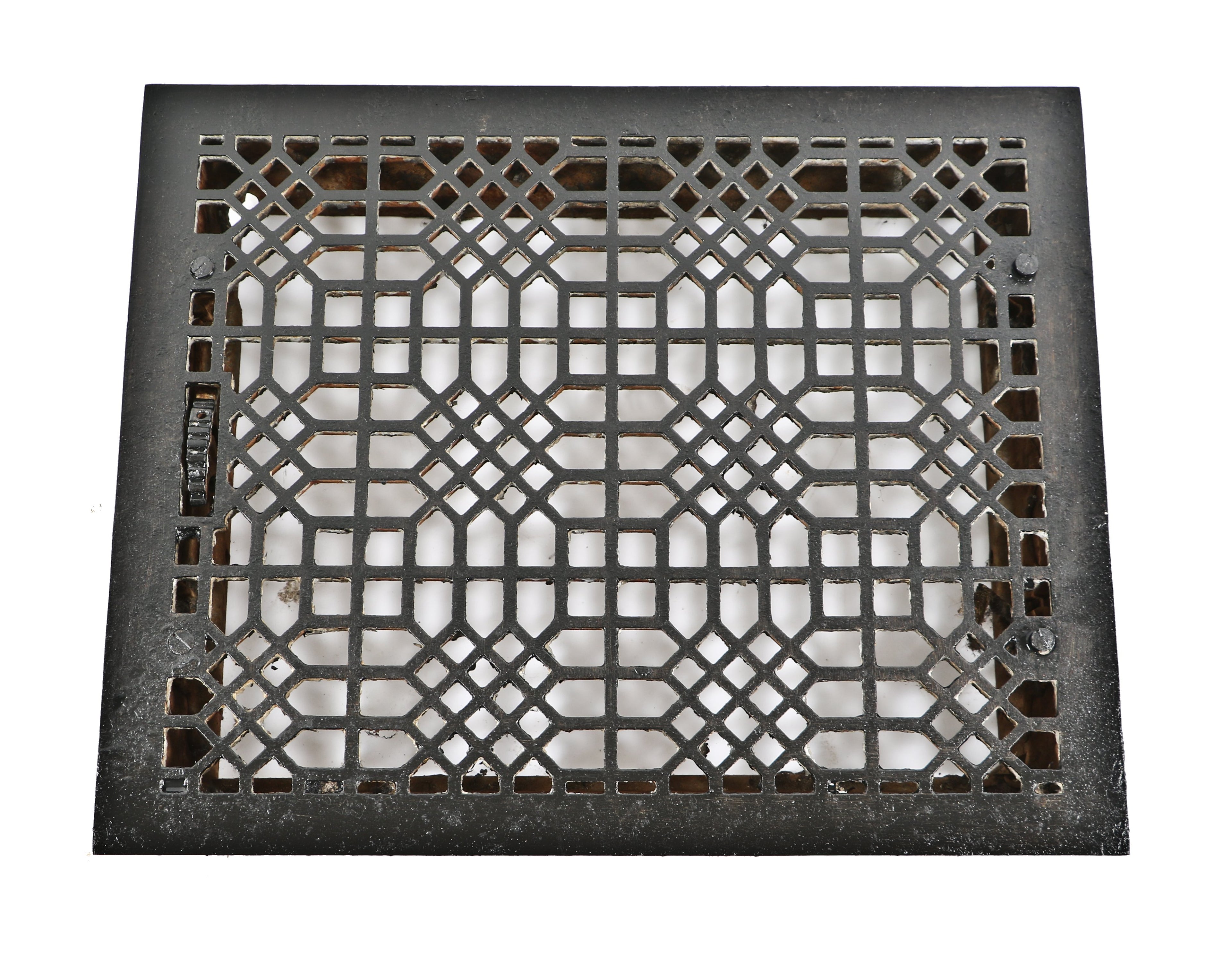 largely intact and all original massive late 19th century interior commercial building "indian lattice" pattern ornamental cast iron register or floor grate with black paint finish