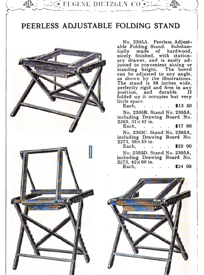 rare late 19th century all original and completely intact varnished solid oak wood fully adjustable dietzgen "peerless" drawing or drafting board with folding stand