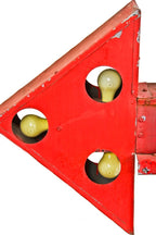 original and intact nicely weathered and worn oversized pressed and folded steel old chicago carwash illuminated directional arrow with a mostly uniform red paint finish