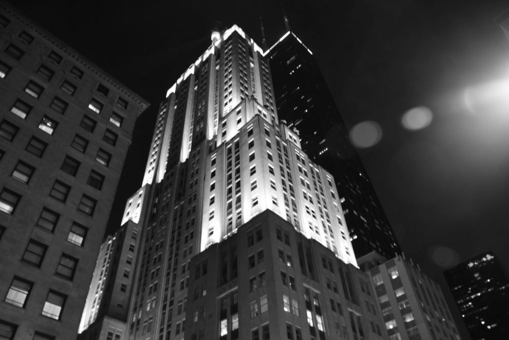 historically important american c. 1929 american art deco style oversized nickel-plated cast bronze palmolive building facade pilaster with visually stunning endcap