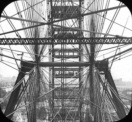 single-sided exceptionally rare 19th century elongated oval-shaped cast iron and pine wood world's columbian exposition ferris wheel mobile construction office "foreman" sign
