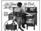 incredibly durable and well-built heavy gauge cold-rolled steel factory office typewriter desk with centrally located manually operated drop-down cabinet