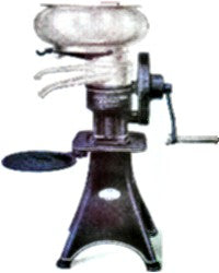 early 20th century american industrial heavy cast iron low-lying cream separator base repurposed as occasional or side table with newly added cherry wood top