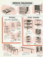 refinished late 1940's vintage american industrial original and intact three-tier stationary angled iron tool stand with raised edge shelves and a single sliding drawer