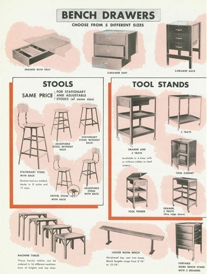 refinished late 1940's vintage american industrial original and intact three-tier stationary angled iron tool stand with raised edge shelves and a single sliding drawer