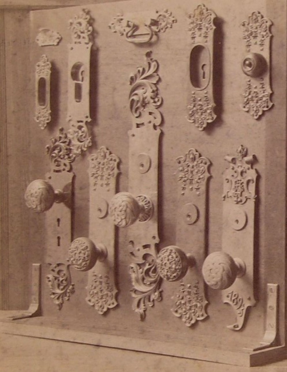 four matching all original ornamental cast bronze 19th century lasar mansion interior pocket door backplates or escutcheons