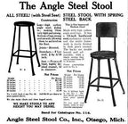 entirely refinished c. 1930's american industrial riveted joint angled iron stationary factory stool with original maple wood seat and backrest