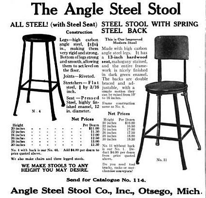 c. 1930's american made vintage industrial riveted joint four-legged angled steel factory stool with old blue paint finish