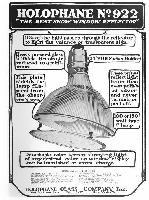 all original c. 1930's american antique industrial exterior "symmetric" holophane prism glass bowl refractor exterior street lamp with intact protective clear glass dome