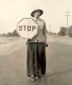 original c. 1918-22 crudely painted antique american industrial double-sided city street flagger "stop" sign with original partially intact black enameled wood staff