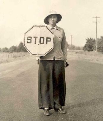original c. 1918-22 crudely painted antique american industrial double-sided city street flagger "stop" sign with original partially intact black enameled wood staff