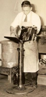 original and intact vintage american industrial heavy duty cast iron "model-m" letter stamping machine pedestal base with telescoping steel rod