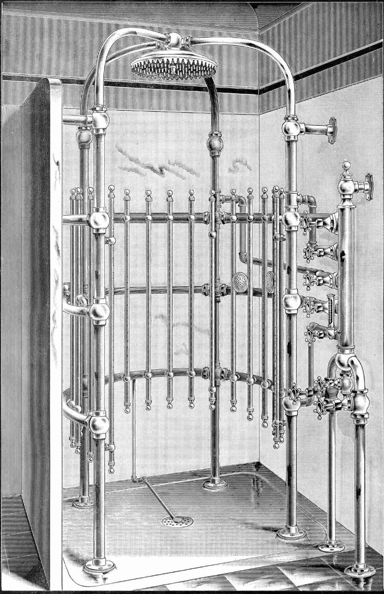 unusual early 20th century highly sought after wall-mount interior residential "needle" type nickel plated tubular brass shower surround with head and valve mixer