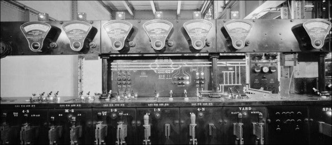 very rare oversized early 20th century new york city subway sub-station open style or "front" switchboard with faux marbleized solid slate insulator back panel