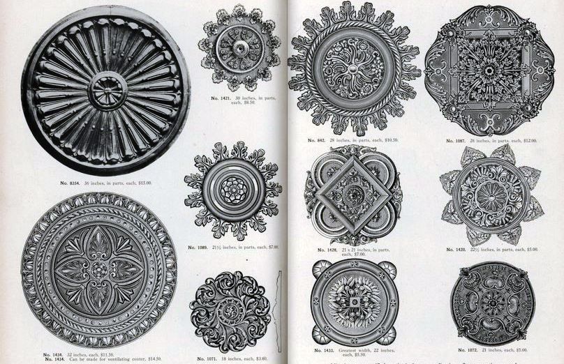 oversied 1880s american victorian era galvanized sheet iron exterior residential circular-shaped "sunburst" roofline cornice rondel with crazed white paint