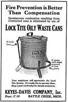 original c. 1930's american antique industrial riveted joint galvanized steel foot-operated flip-top "empty every night" oily rag waste can with hinged lid