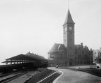 very distinct and highly detailed american 19th century northwestern railway "lake front" depot building exterior red terra cotta grotesque corbel