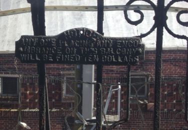 hard to find oversized exterior 19th century new york city soho district fire escape "incumbrance" notification sign with egg & dart border
