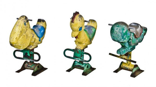 rare c. 1960's city of chicago park district "retired" spring-loaded playground polychromatic cast aluminum freestanding "saddle mate" with pegs for hands and feet