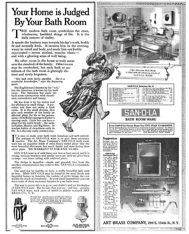 original early 20th century well-built cast brass "san-o-la" interior residential lavatory curved toothbrush holder with a brushed metal finish