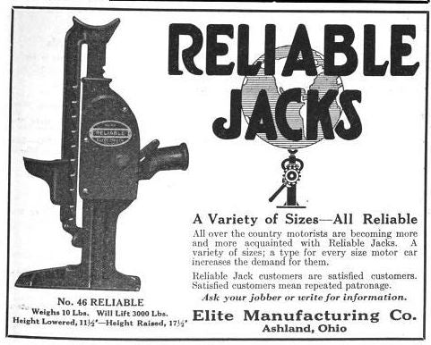 working and intact set of original early 20th century cast iron "reliable" freestanding automotive one stroke tire jacks with nicely aged patina