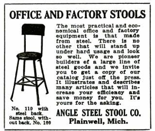 late 1920's refinished vintage american industrial four-legged angled steel adjustable height factory stool with original maple wood seat and backrest