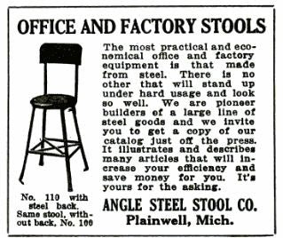 depression-era antique american industrial reinforced four-legged riveted joint stationary factory machine shop stool with original maple backrest and circular seat